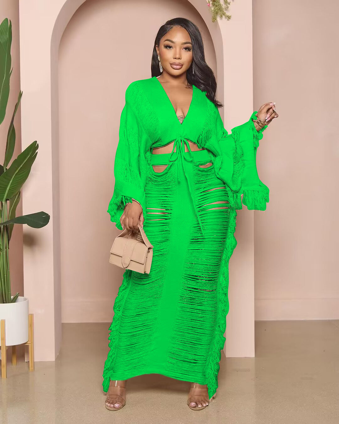 Cutout Confidence Long Sleeve Two-Piece Skirt Set