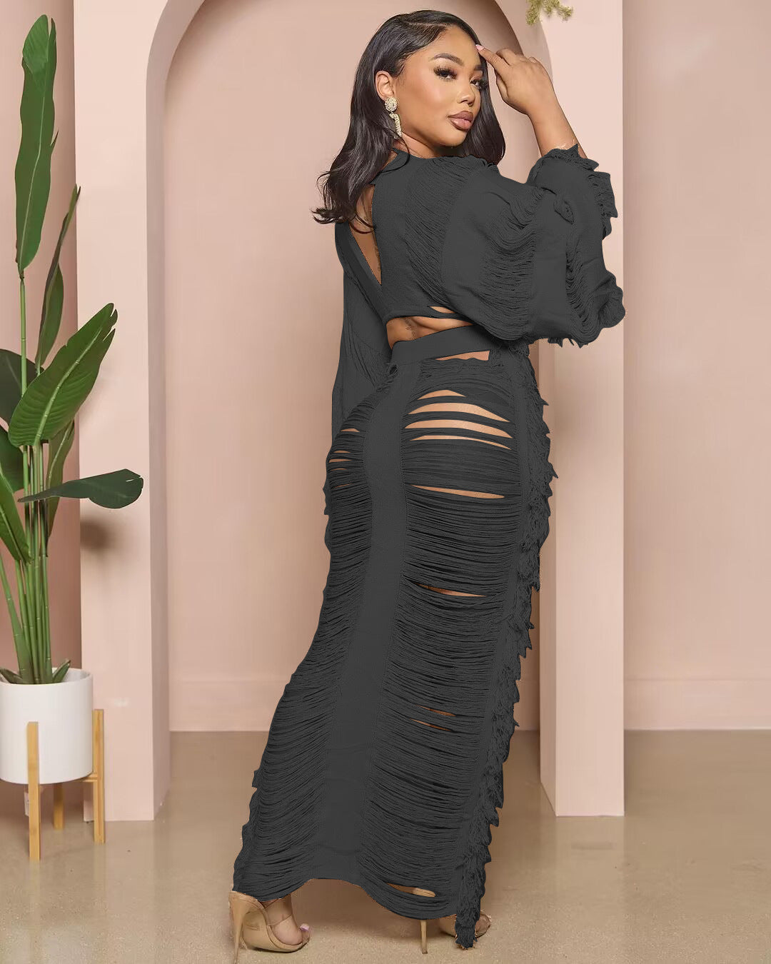 Cutout Confidence Long Sleeve Two-Piece Skirt Set