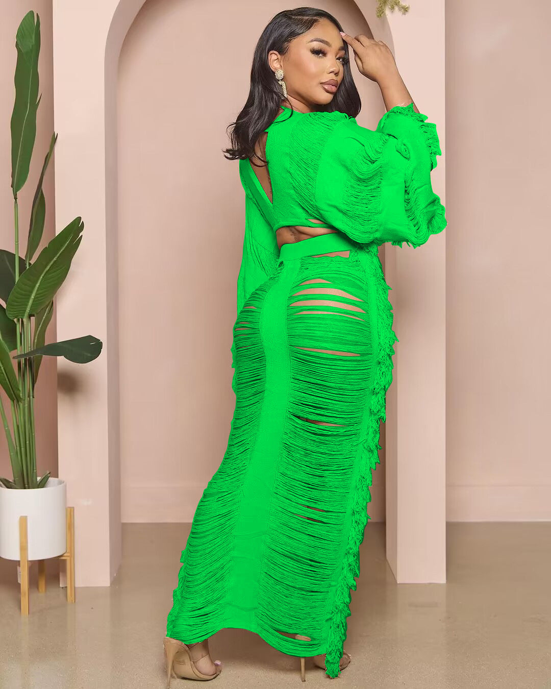 Cutout Confidence Long Sleeve Two-Piece Skirt Set