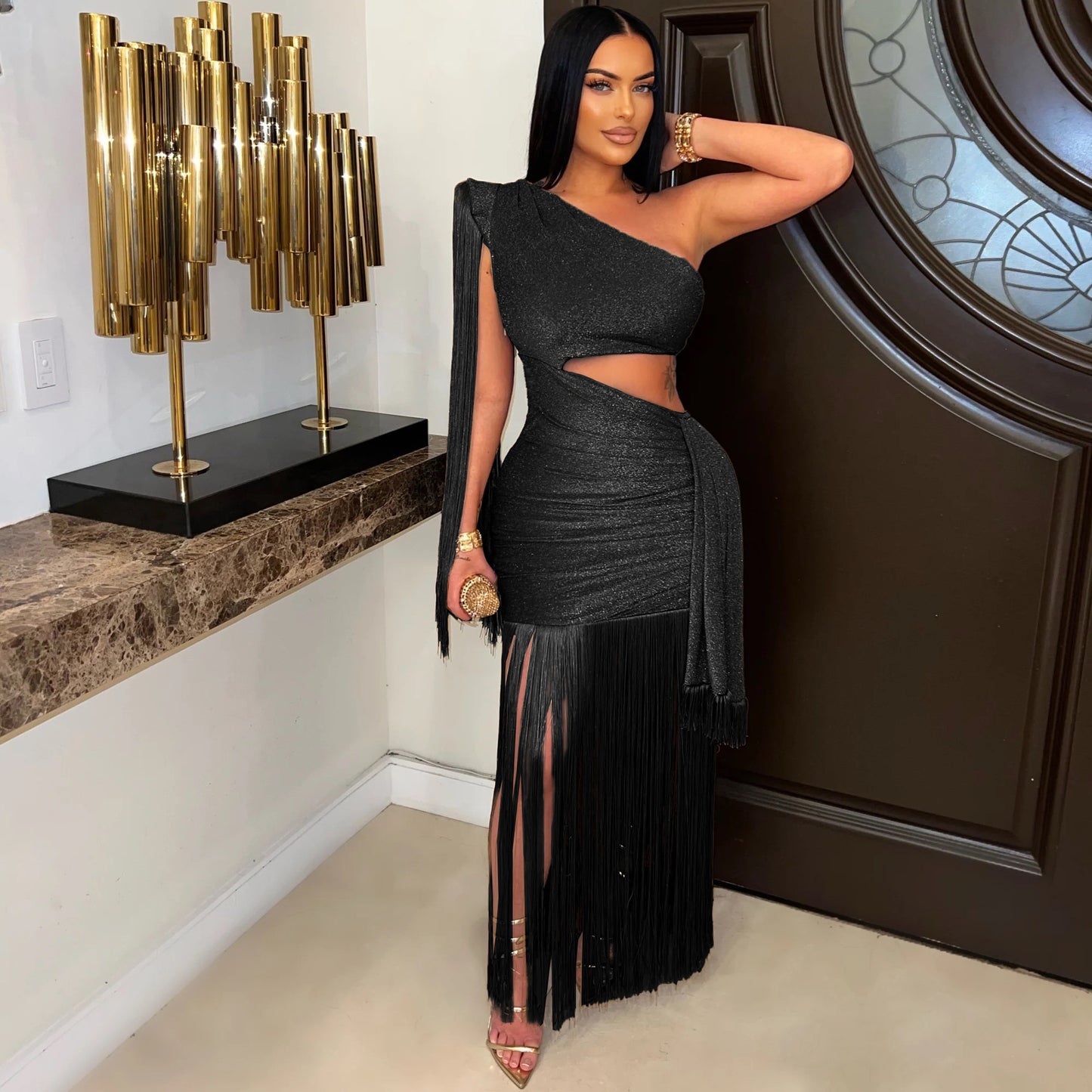 The Goddess | One-Shoulder Tassel Maxi Dress