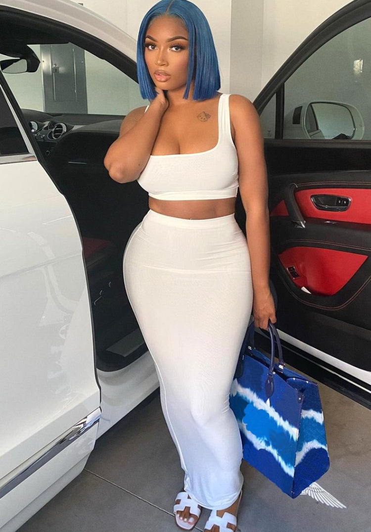 "All Eyes on Me" White Sports Bra & Midi Skirt Set