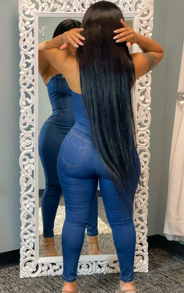 "Denim Diva" Strapless Button Jumpsuit