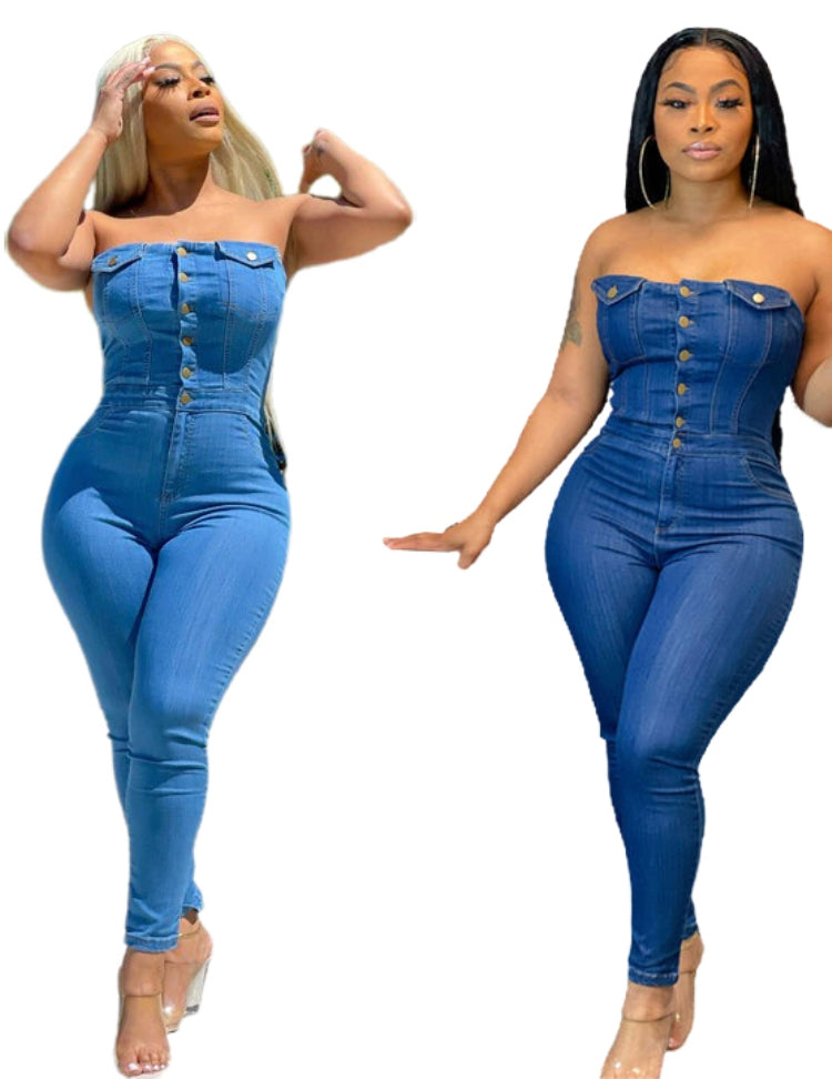 "Denim Diva" Strapless Button Jumpsuit