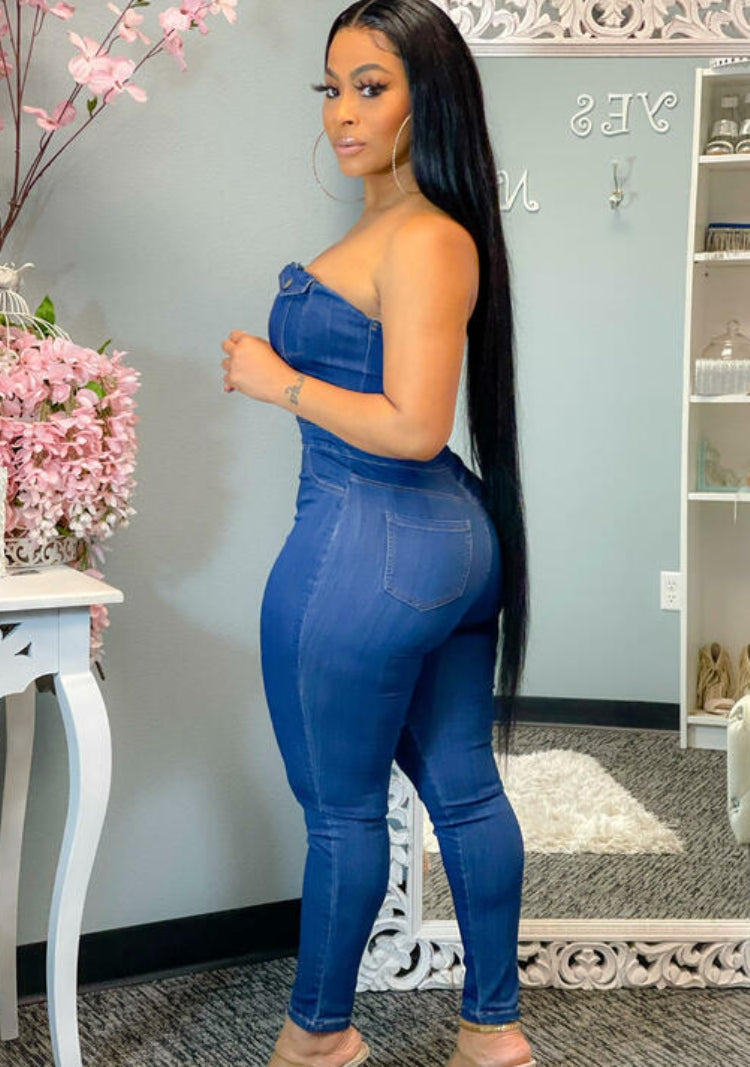 "Denim Diva" Strapless Button Jumpsuit