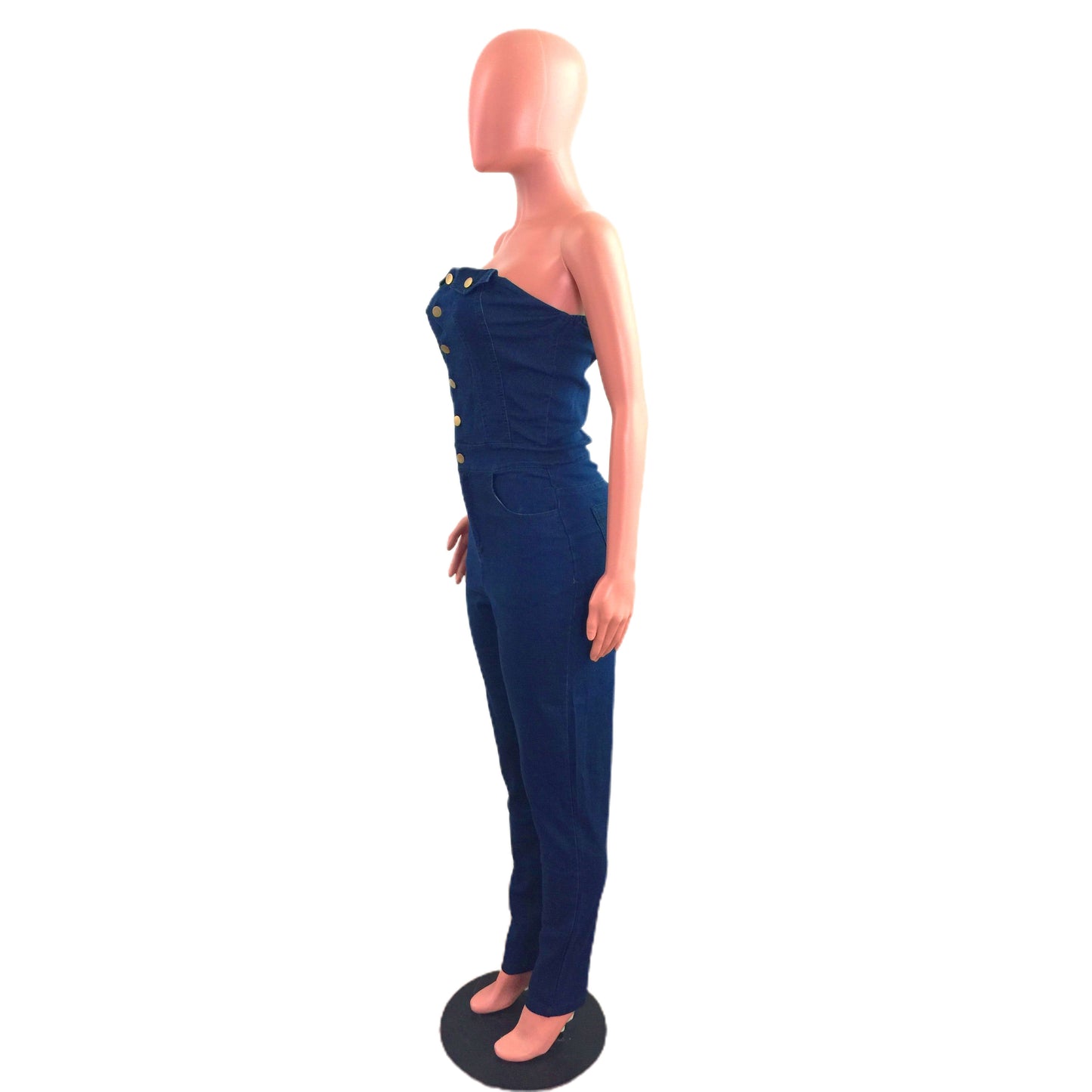 "Denim Diva" Strapless Button Jumpsuit