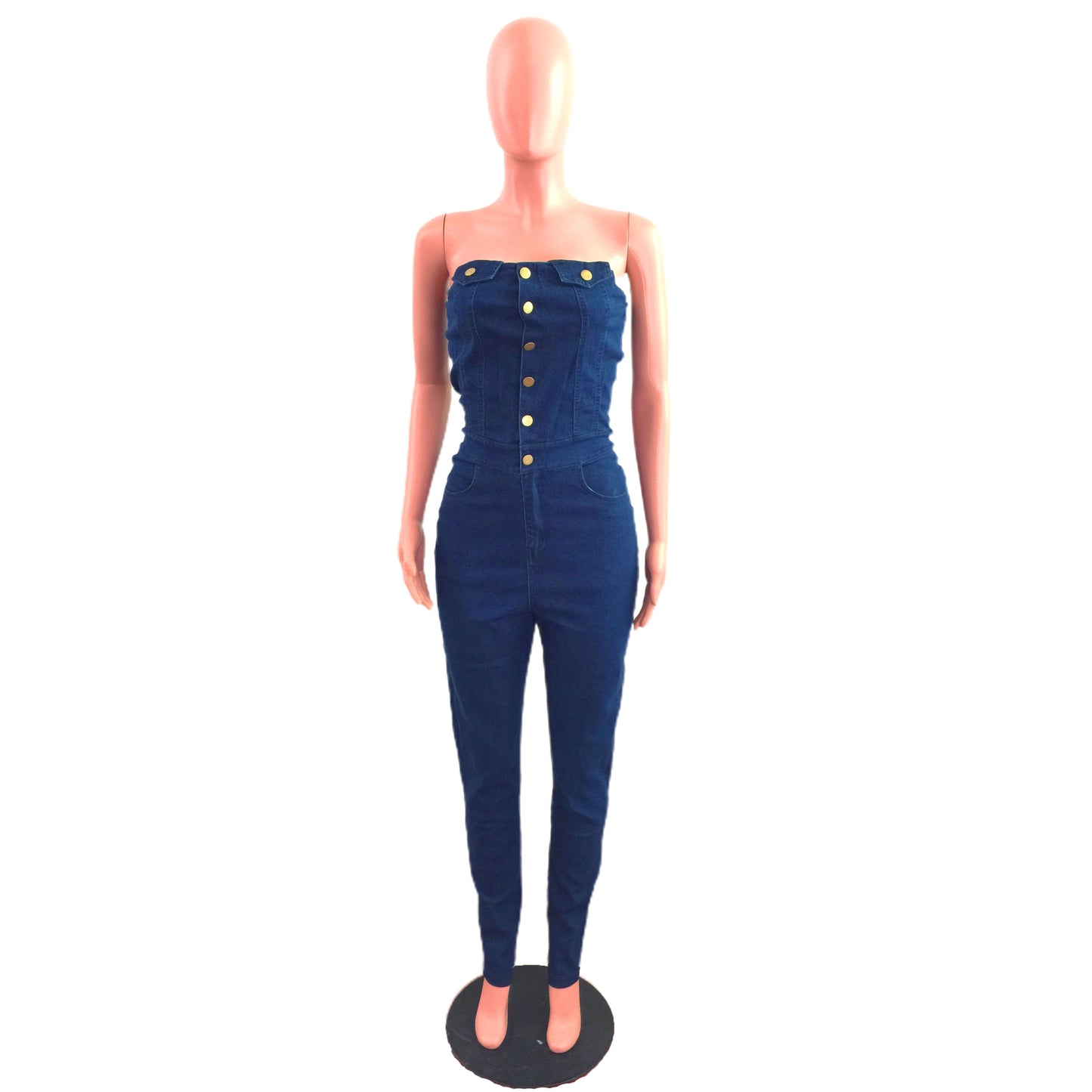 "Denim Diva" Strapless Button Jumpsuit
