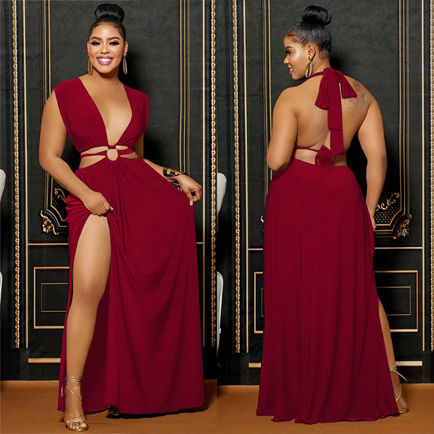 Backless Luxe Vibe – Low Back V-Neck Sleeveless Maxi Dress
