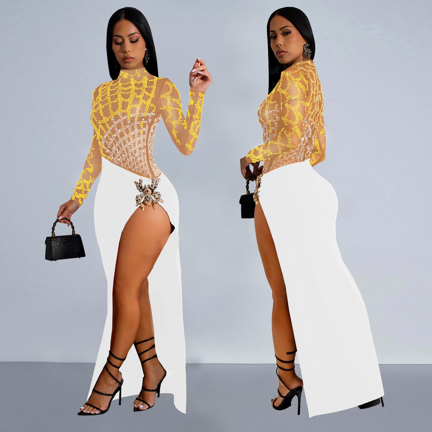 Beaded Long-Sleeve Hollow Slit Club Dress – Elegant Party & Night Out Look