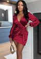 "Crimson Desire" Satin V-Neck Belted Mini Dress