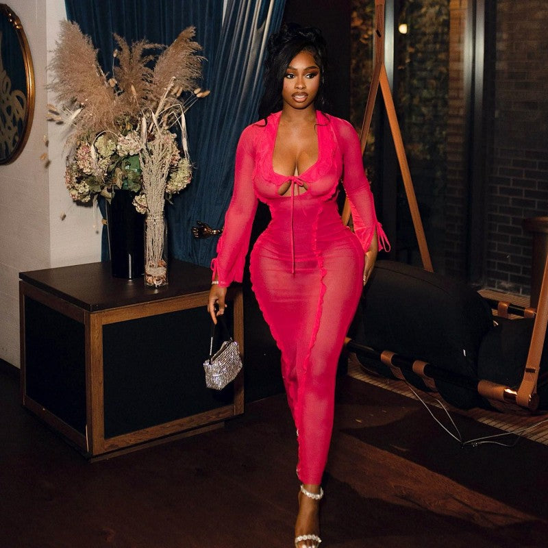 Midnight Ruffle Maxi – Strappy Fall Dress with Flowy Edge