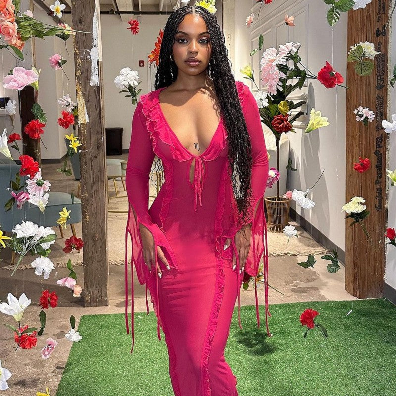 Midnight Ruffle Maxi – Strappy Fall Dress with Flowy Edge