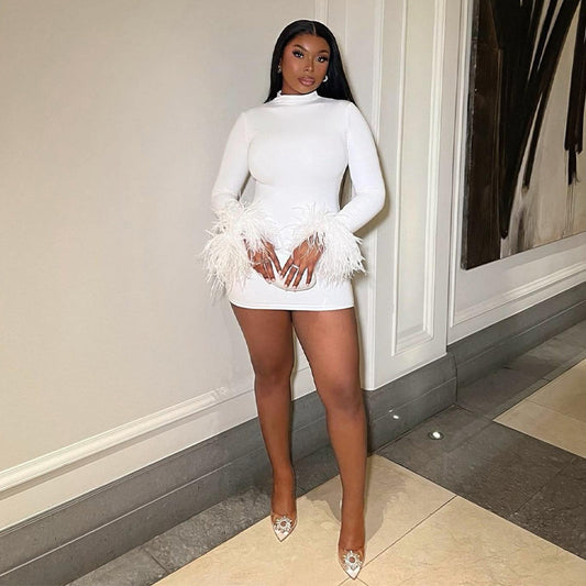Feather Flirt – Round Neck Slim Fit Mini Dress