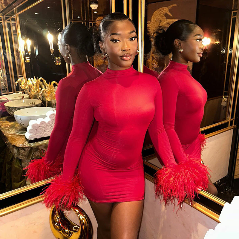 Feather Flirt – Round Neck Slim Fit Mini Dress