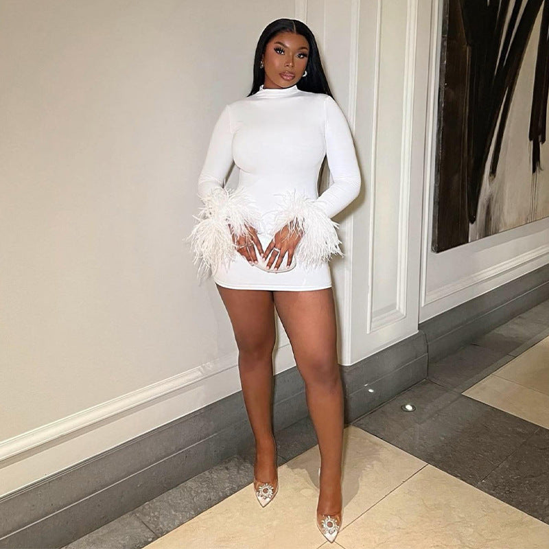 Feather Flirt – Round Neck Slim Fit Mini Dress