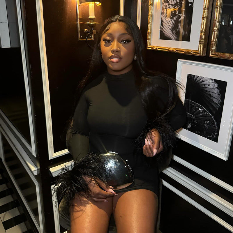 Feather Flirt – Round Neck Slim Fit Mini Dress