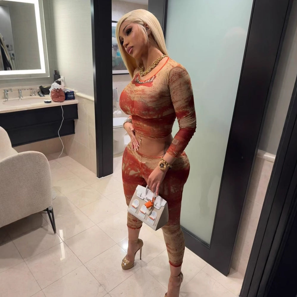 Spring Mesh Vibe Set – Printed Long Sleeve Top & Pants (2PC)