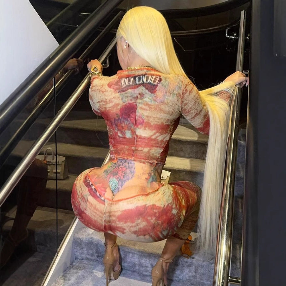 Spring Mesh Vibe Set – Printed Long Sleeve Top & Pants (2PC)