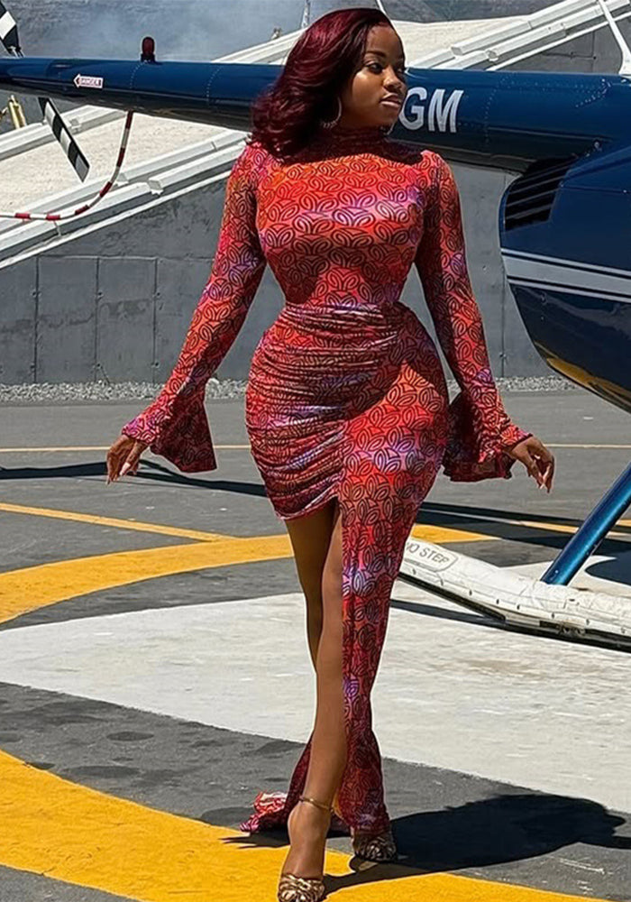 “The Mirage” Long-Sleeve Printed Bodycon Mini Dress