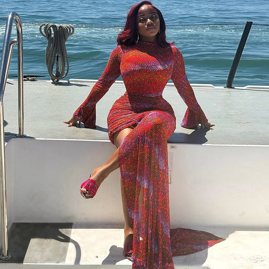 “The Mirage” Long-Sleeve Printed Bodycon Mini Dress