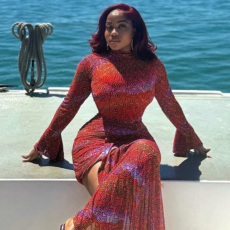 “The Mirage” Long-Sleeve Printed Bodycon Mini Dress