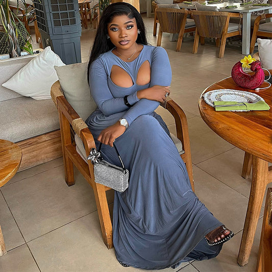 ✨ Autumn Elegance Maxi Dress – Long Sleeve Cut-Out Flare Perfection