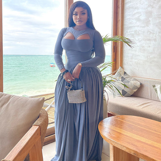 ✨ Autumn Elegance Maxi Dress – Long Sleeve Cut-Out Flare Perfection