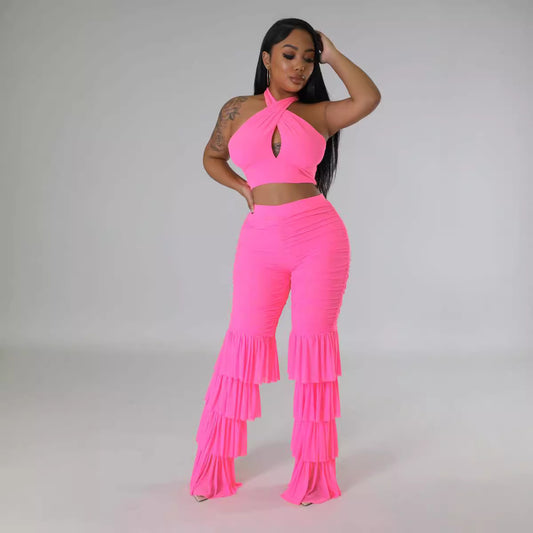 Tassel Temptation – Mesh Halter Crop Top & Pants Two Piece Set