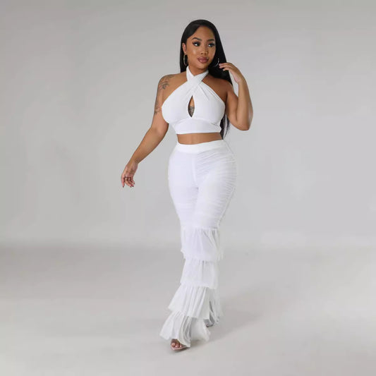 Tassel Temptation – Mesh Halter Crop Top & Pants Two Piece Set
