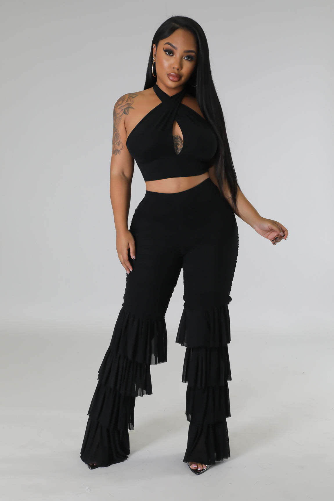 Tassel Temptation – Mesh Halter Crop Top & Pants Two Piece Set