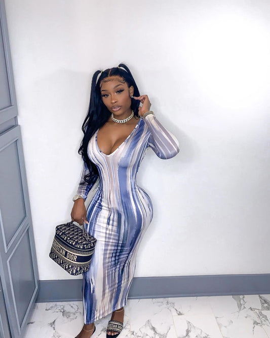 Striped Serenity Long Sleeve Midi Dress